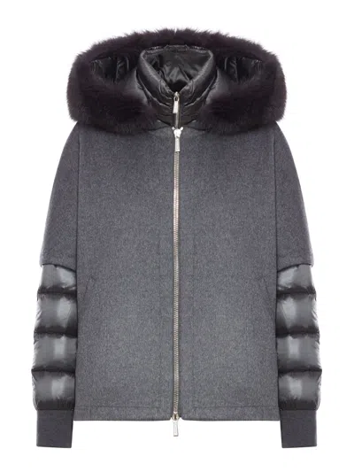 Moorer Short Cape In Dark Gray Cashmere Wool With Detachable Goose Down Jacket In Gray