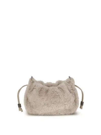 Brunello Cucinelli Women Mellow Mini Shearling Shoulder Bag In Neutral