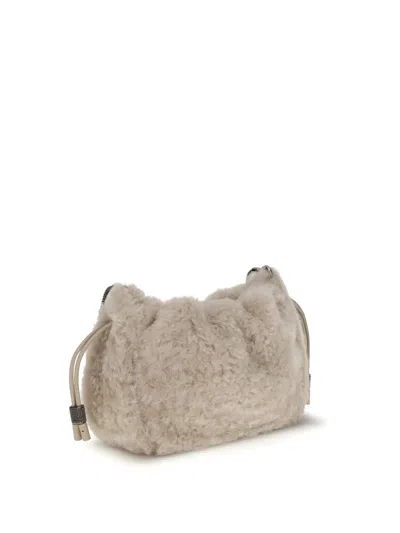 Brunello Cucinelli Women Mellow Mini Shearling Shoulder Bag In Neutral