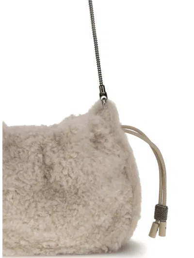 Brunello Cucinelli Women Mellow Mini Shearling Shoulder Bag In Neutral