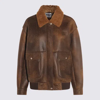 Miu Miu Shearling-trimmed Leather Blouson Jacket In Brown