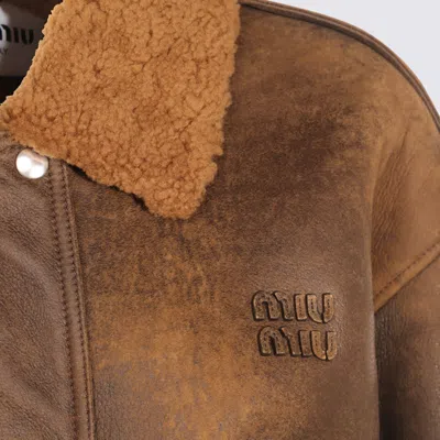 Miu Miu Shearling-trimmed Leather Blouson Jacket In Brown