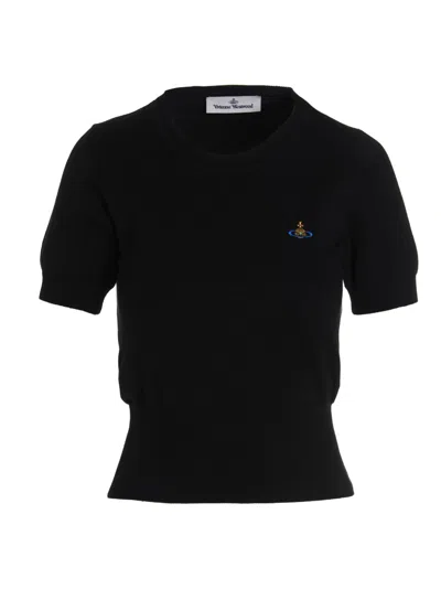 Vivienne Westwood Fitted Short Puff Sleeve Sweater With Embroidered Emblem In Black