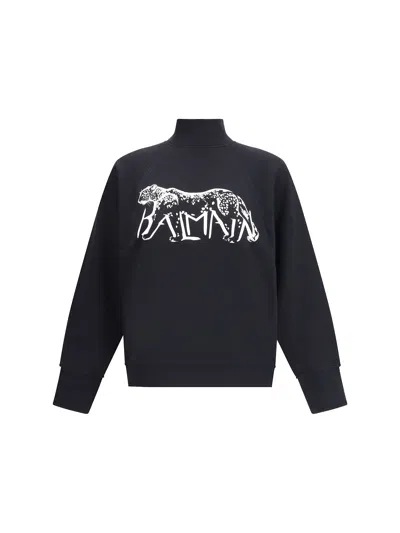 Balmain Leopard Print High-neck Sweatshirt In Black