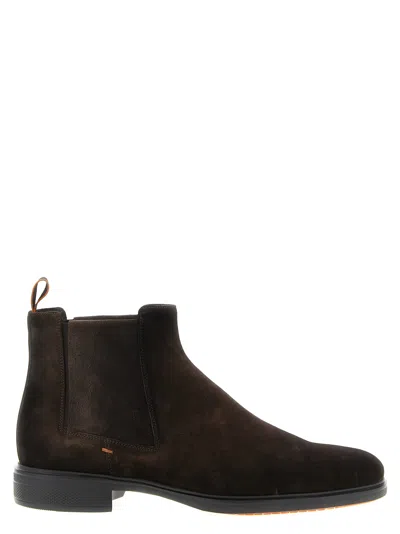 Santoni Ankle Boots With Elastic Side Panels In Brown