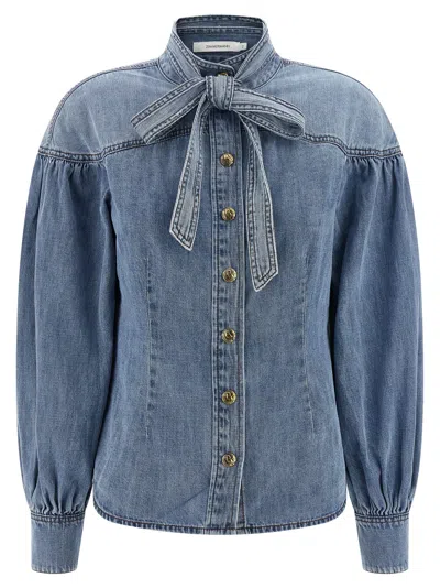 Zimmermann Cotton Denim Shirt With Mandarin Collar In Blue
