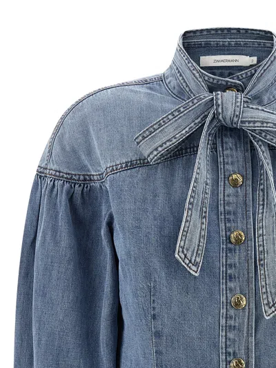 Zimmermann Cotton Denim Shirt With Mandarin Collar In Blue