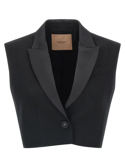 Twinset Cropped Tailored Jacket With Satin Lapels In Black