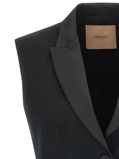 Twinset Cropped Tailored Jacket With Satin Lapels In Black