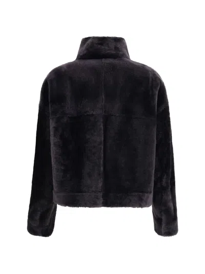 Brunello Cucinelli Grey Shearling Jacket With Two Front Welt Pockets With Zip In Black