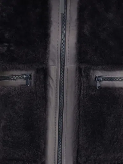 Brunello Cucinelli Grey Shearling Jacket With Two Front Welt Pockets With Zip In Black