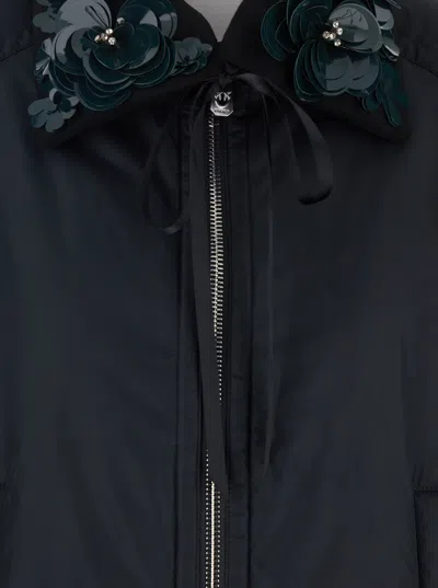 Pinko Clarinda Blue Jacket With Removable Sequin Collar And Drawstring Waist In Tech Fabric Woman In Blue