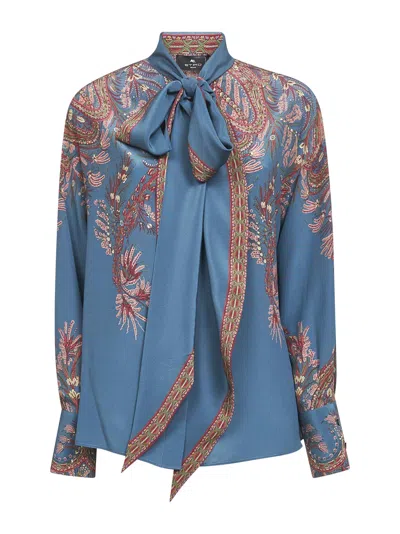 Etro Floral Paisley Silk Bow Blouse In Blue