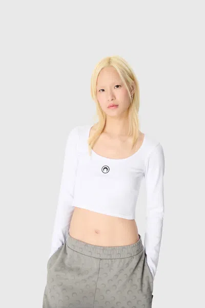 Marine Serre Short Sleeve Cropped Top With Scoop Neck In White