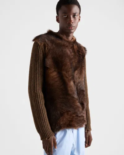 Prada Wool And Shearling Sweater In Brown