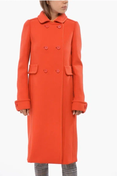Miu Miu Solid Color Wool Double Breasted Natte' Coat In Orange
