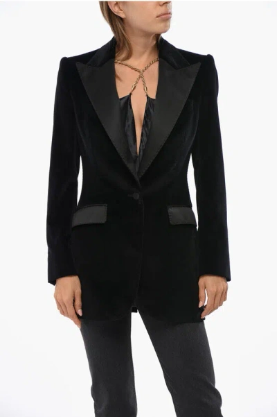 Dolce & Gabbana Velvet 1 Button Blazer With Flap Pockets In Black