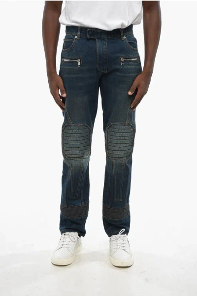 Balmain Regular Fit Biker Jeans With Visible Stitching 18cm In Blue