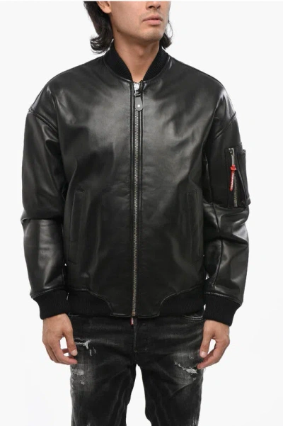 Dsquared2 Leather Jacket With Logoed Slider In Black