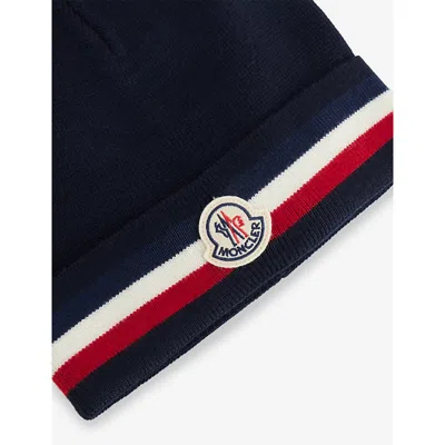 Moncler Tricolor Stripe Ribbed Wool Beanie In Black