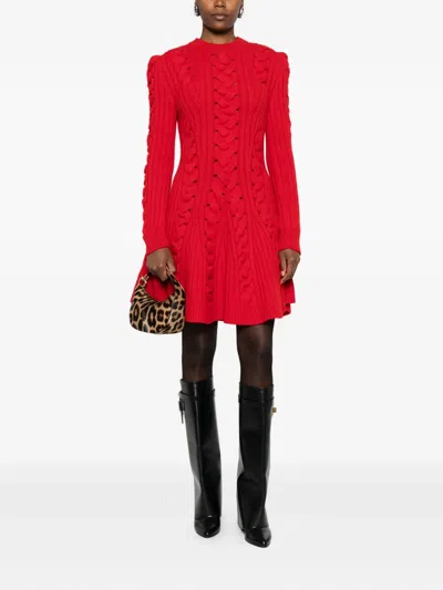 Alexander Mcqueen Ribbed And Cable-knit Wool And Cashmere-blend Mini Dress In Red