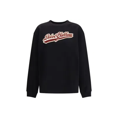 Dolce & Gabbana Logo Patch Cotton Crew Neck Sweatshirt In Black