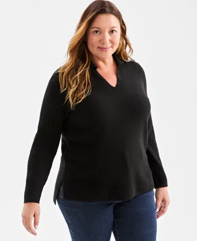 Style & Co Plus Size Johnny Collar Luxsoft Sweater, Macy's Exclusive In Black