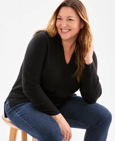 Style & Co Plus Size Johnny Collar Luxsoft Sweater, Macy's Exclusive In Black