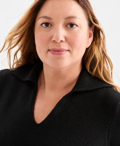 Style & Co Plus Size Johnny Collar Luxsoft Sweater, Macy's Exclusive In Black