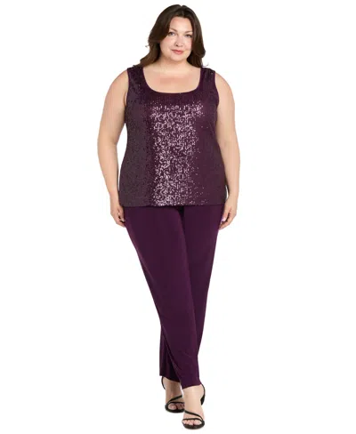 R & M Richards Plus Size Sequined Sleeveless Top, Open-front Jacket & Pants Set In Purple
