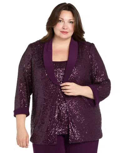 R & M Richards Plus Size Sequined Sleeveless Top, Open-front Jacket & Pants Set In Purple