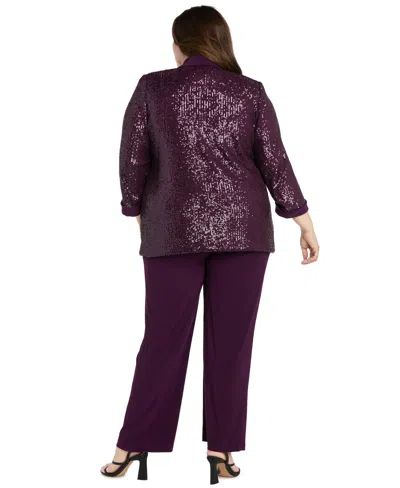 R & M Richards Plus Size Sequined Sleeveless Top, Open-front Jacket & Pants Set In Purple