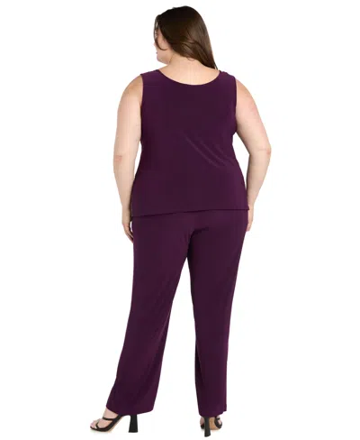 R & M Richards Plus Size Sequined Sleeveless Top, Open-front Jacket & Pants Set In Purple