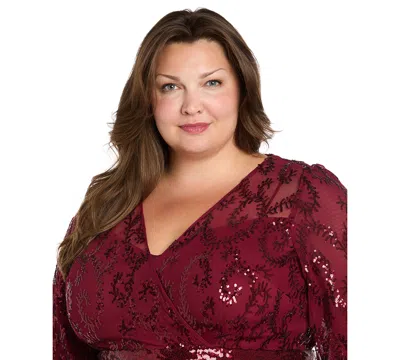 R & M Richards Plus Size Surplice Sequined Gown In Burgundy