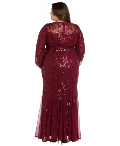 R & M Richards Plus Size Surplice Sequined Gown In Burgundy