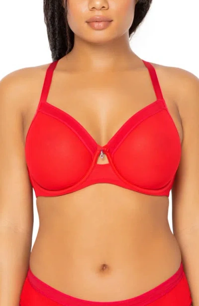 Curvy Couture Sheer Mesh Underwire Unlined Bra In Red