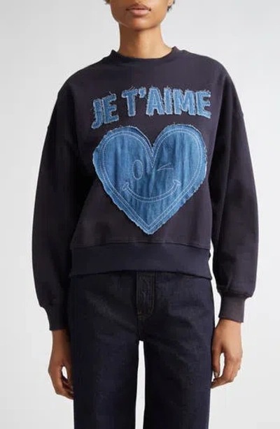 Cinq À Sept Brandy Je Taime Smiling Denim Patch Sweatshirt In Blue