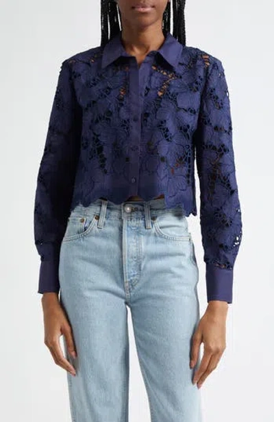 L'agence Seychelle Floral Eyelet-embroidered Cropped Shirt In Blue