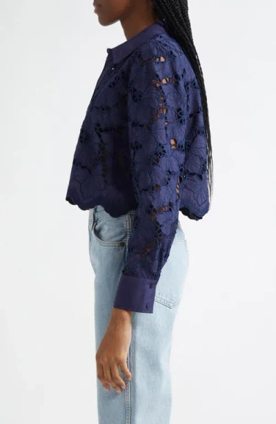 L'agence Seychelle Floral Eyelet-embroidered Cropped Shirt In Blue
