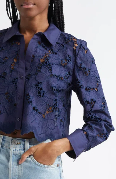 L'agence Seychelle Floral Eyelet-embroidered Cropped Shirt In Blue