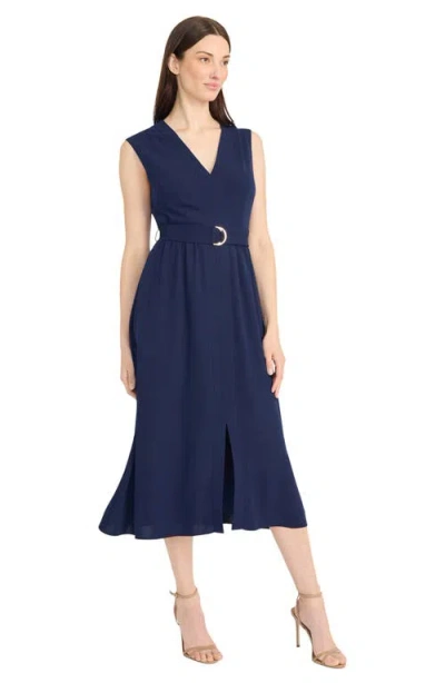 Maggy London Sleeveless Belted Midi Dress In Blue
