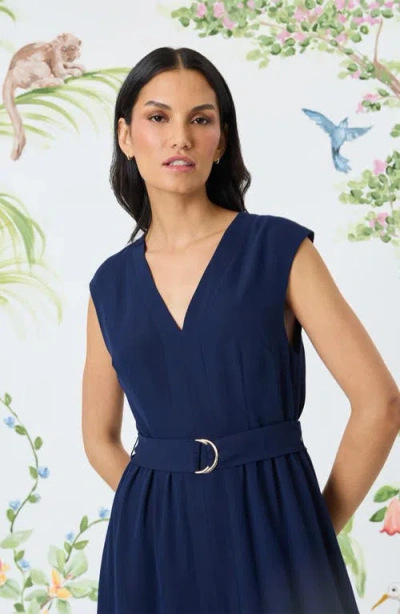 Maggy London Sleeveless Belted Midi Dress In Blue