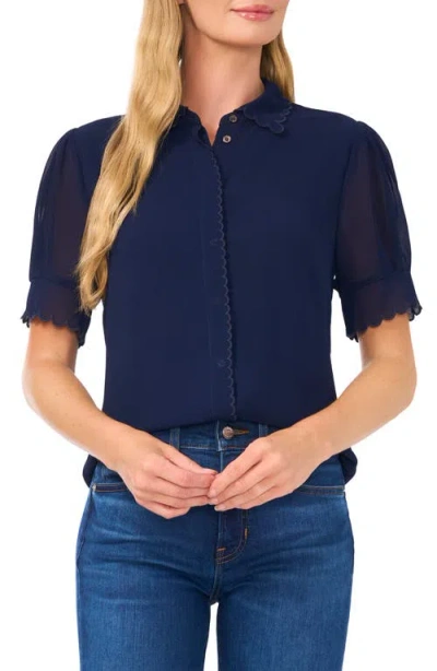 Cece Scallop Trim Button-up Shirt In Blue