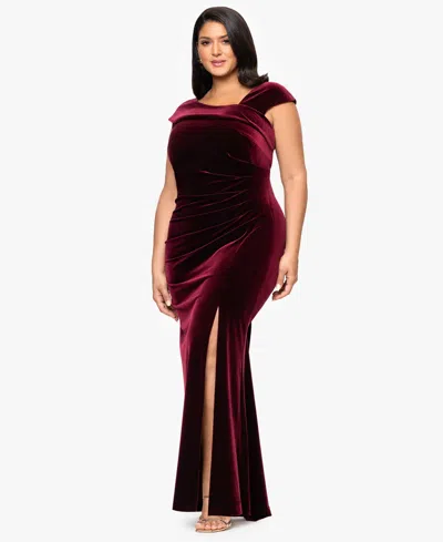 Xscape Plus Size Cap Sleeve Velvet Gown In Red