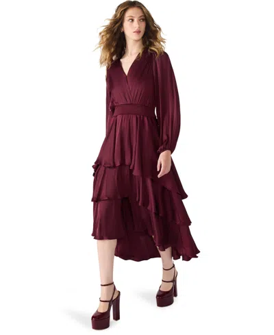 Steve Madden Women's Bei Smocked-waist Tiered High-low Dress In Burgundy
