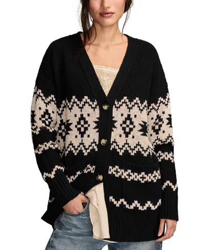 Lucky Brand Women's Cotton Southwest Cocoon Cardigan Sweater In Black