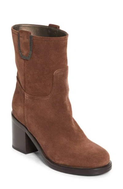 Brunello Cucinelli Monili Trim Block Heel Bootie In Brown