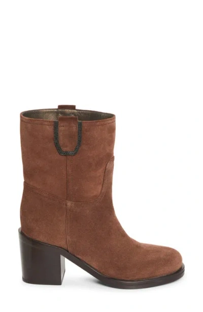 Brunello Cucinelli Monili Trim Block Heel Bootie In Brown