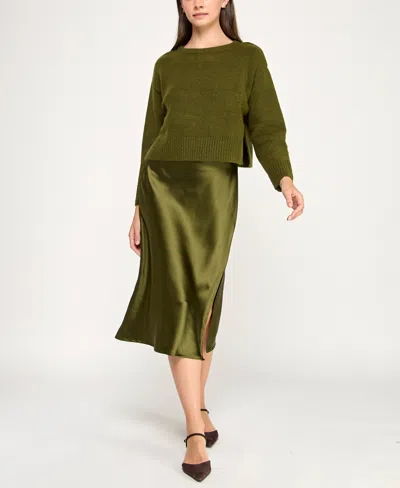 Invitee Juniors' 2-piece Long Sleeve Midi Sweater And Dress Set In Green