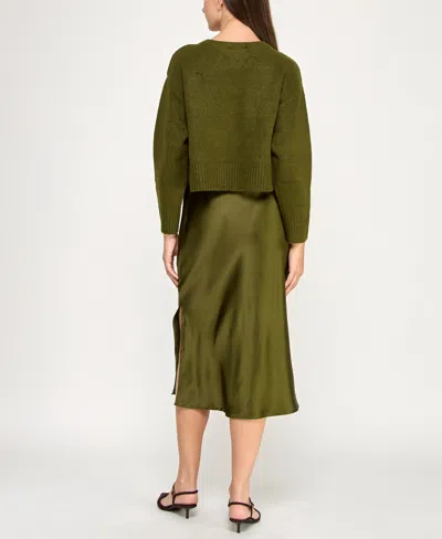 Invitee Juniors' 2-piece Long Sleeve Midi Sweater And Dress Set In Green